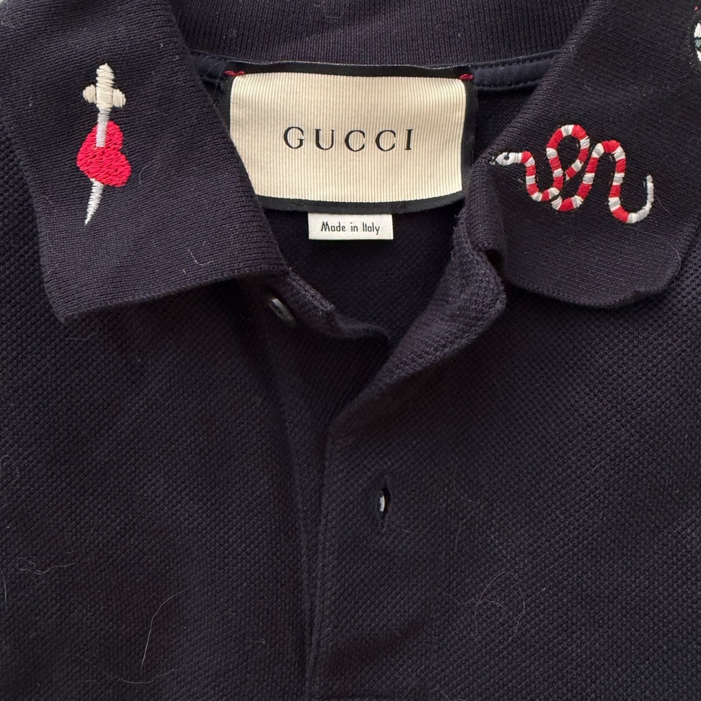 Gucci Black Polo with Red & White Embroidered Snake and Heart